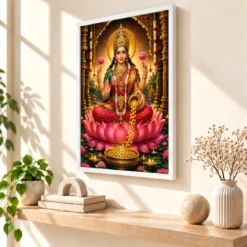 Mahalakshmi Peaceful Home Mandir Composition Photo Frame — white frame warm console