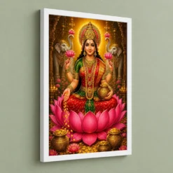 Mahalakshmi Vivid Premium Spiritual Poster Art Photo Frame — white frame angled wall