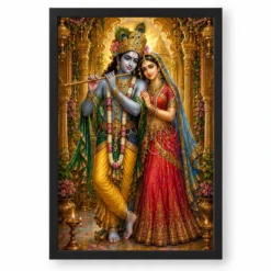 Radha Krishna Ornate Golden Temple Darshan Photo Frame — black frame clean