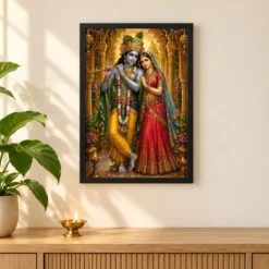 Radha Krishna Ornate Golden Temple Darshan Photo Frame — black frame pooja shelf
