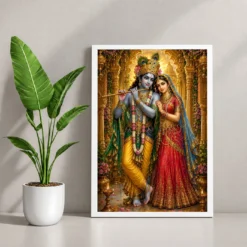 Radha Krishna Ornate Golden Temple Darshan Photo Frame — white frame console