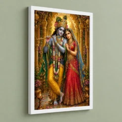 Radha Krishna Ornate Golden Temple Darshan Photo Frame — white frame angled wall