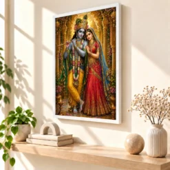Radha Krishna Ornate Golden Temple Darshan Photo Frame — white frame warm console