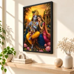 Radha Krishna Serene Sunrise Blessing Photo Frame — black frame console