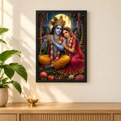 Radha Krishna Royal Jewel-Toned Portrait Photo Frame — black frame pooja shelf