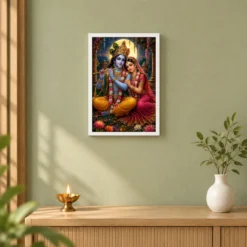 Radha Krishna Royal Jewel-Toned Portrait Photo Frame — white frame distant wall
