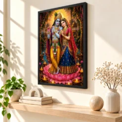 Radha Krishna Lotus And Diya Radiance Photo Frame — black frame console
