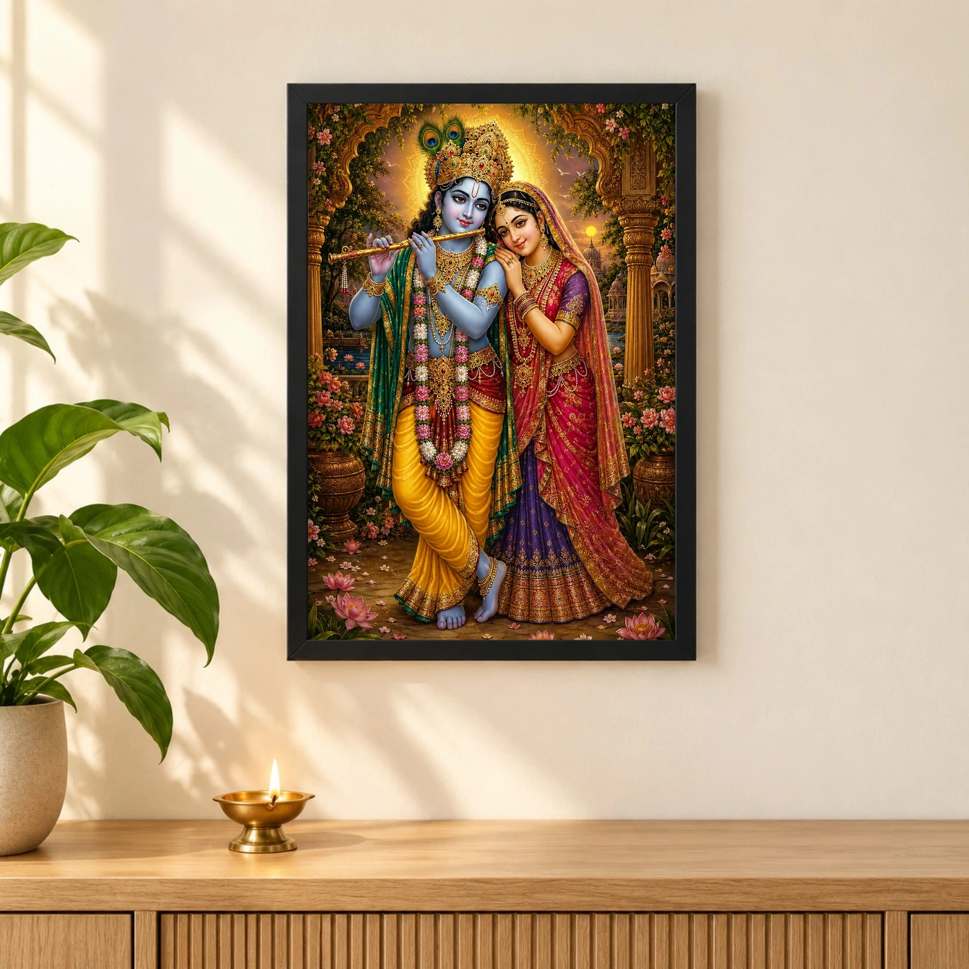 Radha Krishna Traditional Indian Miniature-Inspired Devotional Art Photo Frame 3 Radha Krishna Traditional Indian Miniature-Inspired Devotional Art Photo Frame — black frame pooja shelf