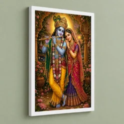 Radha Krishna Traditional Indian Miniature-Inspired Devotional Art Photo Frame 13 Radha Krishna Traditional Indian Miniature-Inspired Devotional Art Photo Frame — white frame angled wall