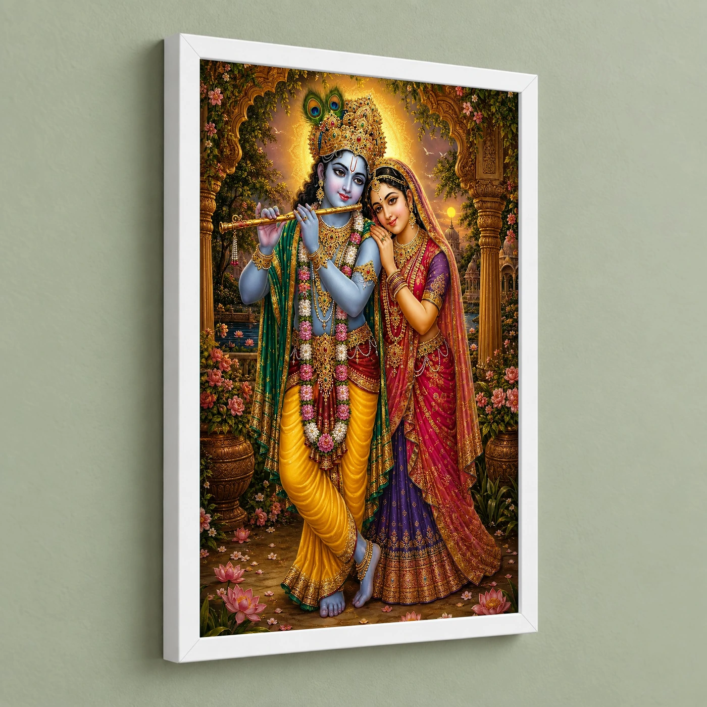 Radha Krishna Traditional Indian Miniature-Inspired Devotional Art Photo Frame 5 Radha Krishna Traditional Indian Miniature-Inspired Devotional Art Photo Frame — white frame angled wall