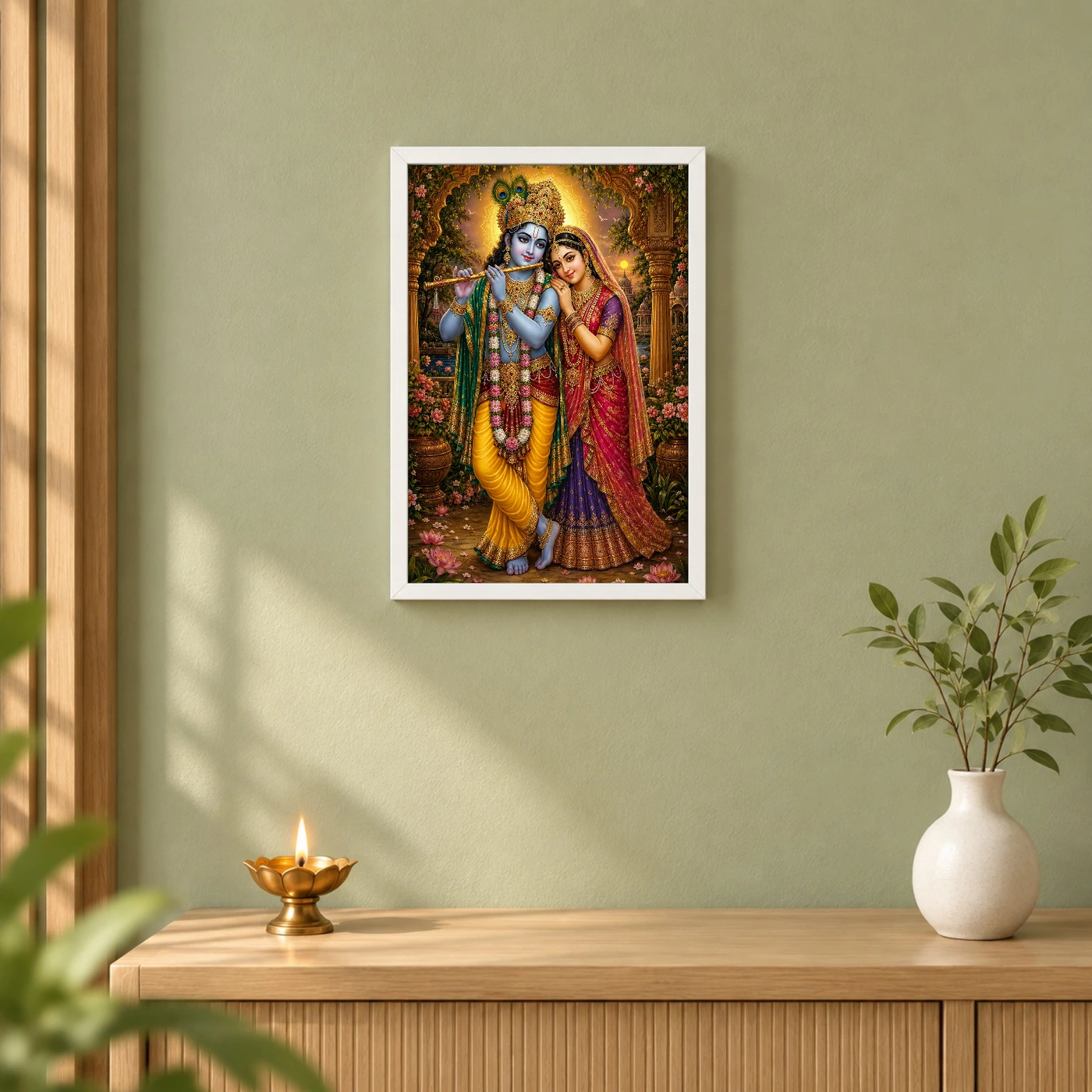 Radha Krishna Traditional Indian Miniature-Inspired Devotional Art Photo Frame 6 Radha Krishna Traditional Indian Miniature-Inspired Devotional Art Photo Frame — white frame distant wall