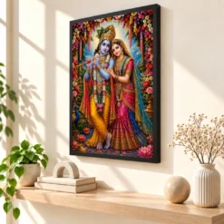 Radha Krishna Grand Festival Flower Decoration Photo Frame — black frame console