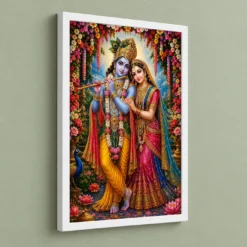 Radha Krishna Grand Festival Flower Decoration Photo Frame — white frame angled wall