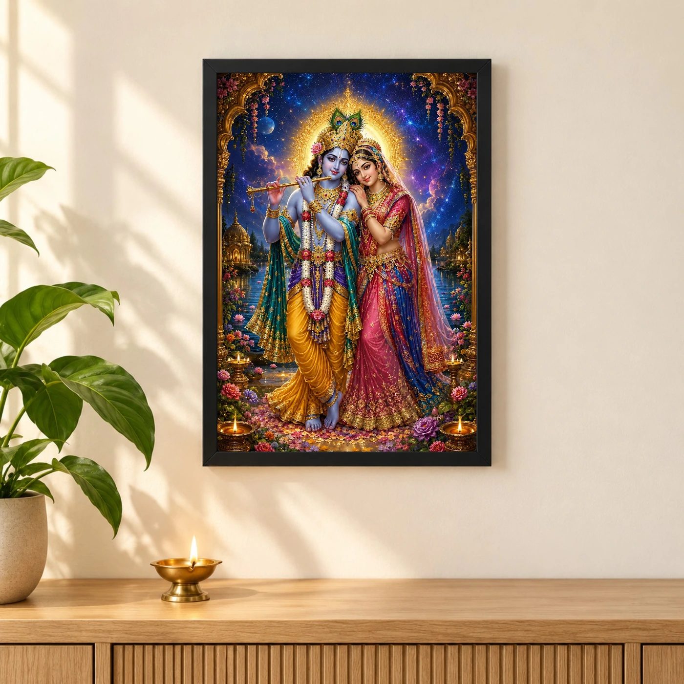 Radha Krishna Cosmic Celestial Aura Photo Frame 3 Radha Krishna Cosmic Celestial Aura Photo Frame — black frame pooja shelf