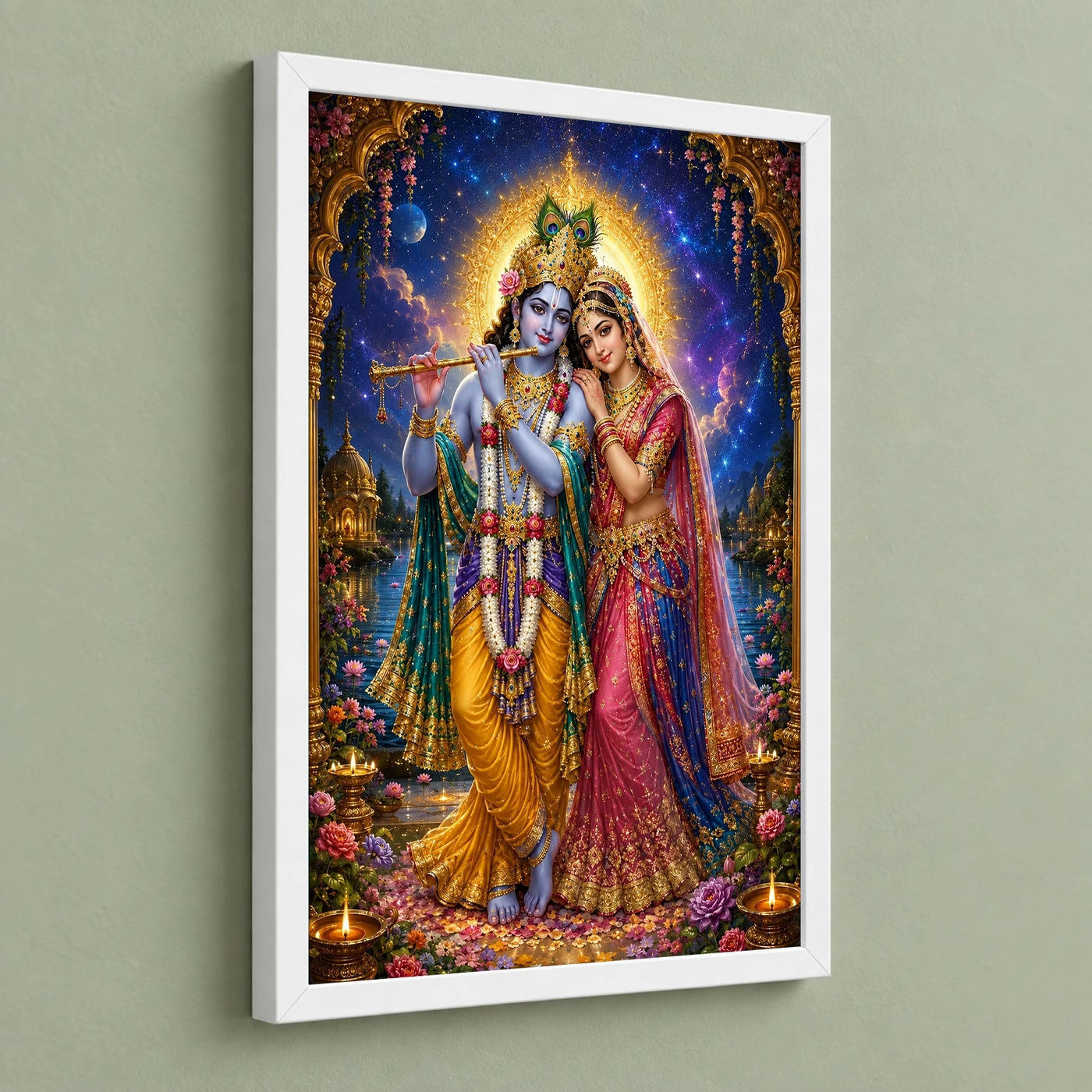 Radha Krishna Cosmic Celestial Aura Photo Frame 5 Radha Krishna Cosmic Celestial Aura Photo Frame — white frame angled wall