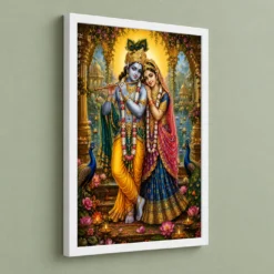 Radha Krishna Peaceful Home Mandir Composition Photo Frame 13 Radha Krishna Peaceful Home Mandir Composition Photo Frame — white frame angled wall