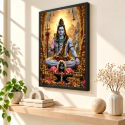 Mahadev Shiva Ornate Golden Temple Darshan Photo Frame — black frame console