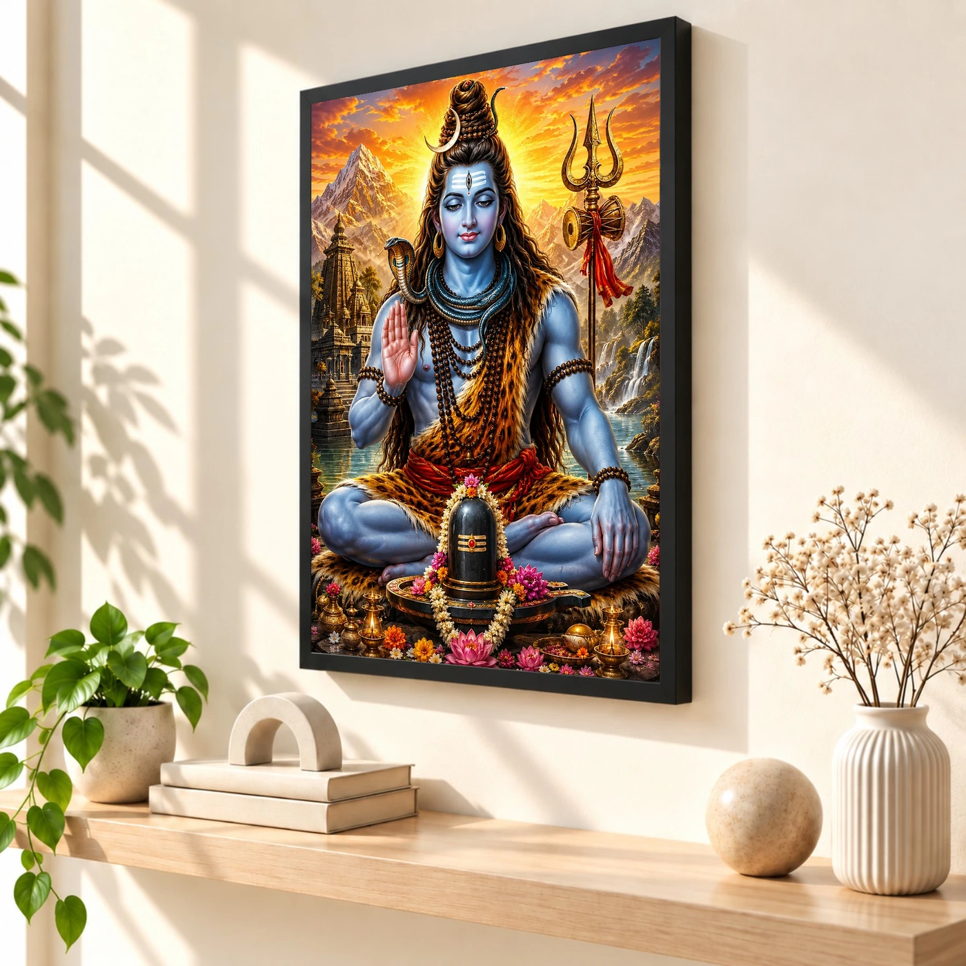 Mahadev Shiva Serene Sunrise Blessing Photo Frame 2 Mahadev Shiva Serene Sunrise Blessing Photo Frame — black frame console