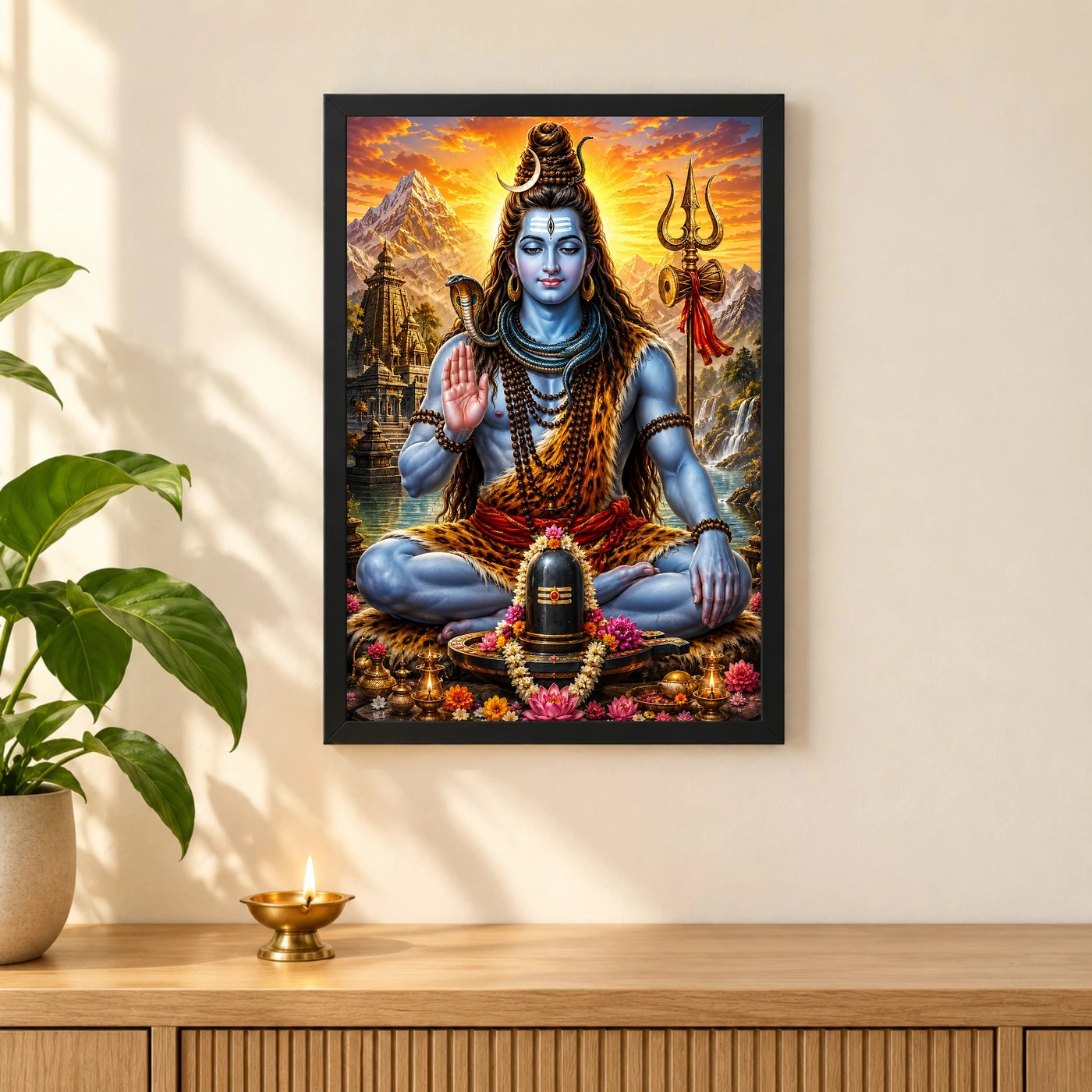 Mahadev Shiva Serene Sunrise Blessing Photo Frame 3 Mahadev Shiva Serene Sunrise Blessing Photo Frame — black frame pooja shelf