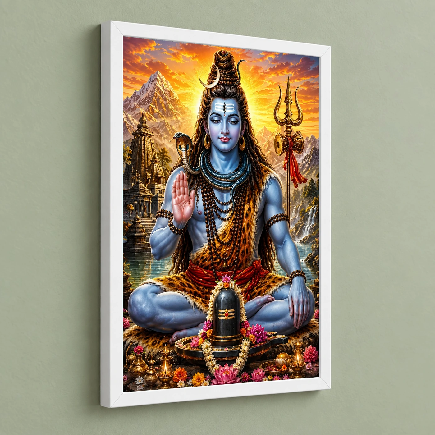 Mahadev Shiva Serene Sunrise Blessing Photo Frame 5 Mahadev Shiva Serene Sunrise Blessing Photo Frame — white frame angled wall