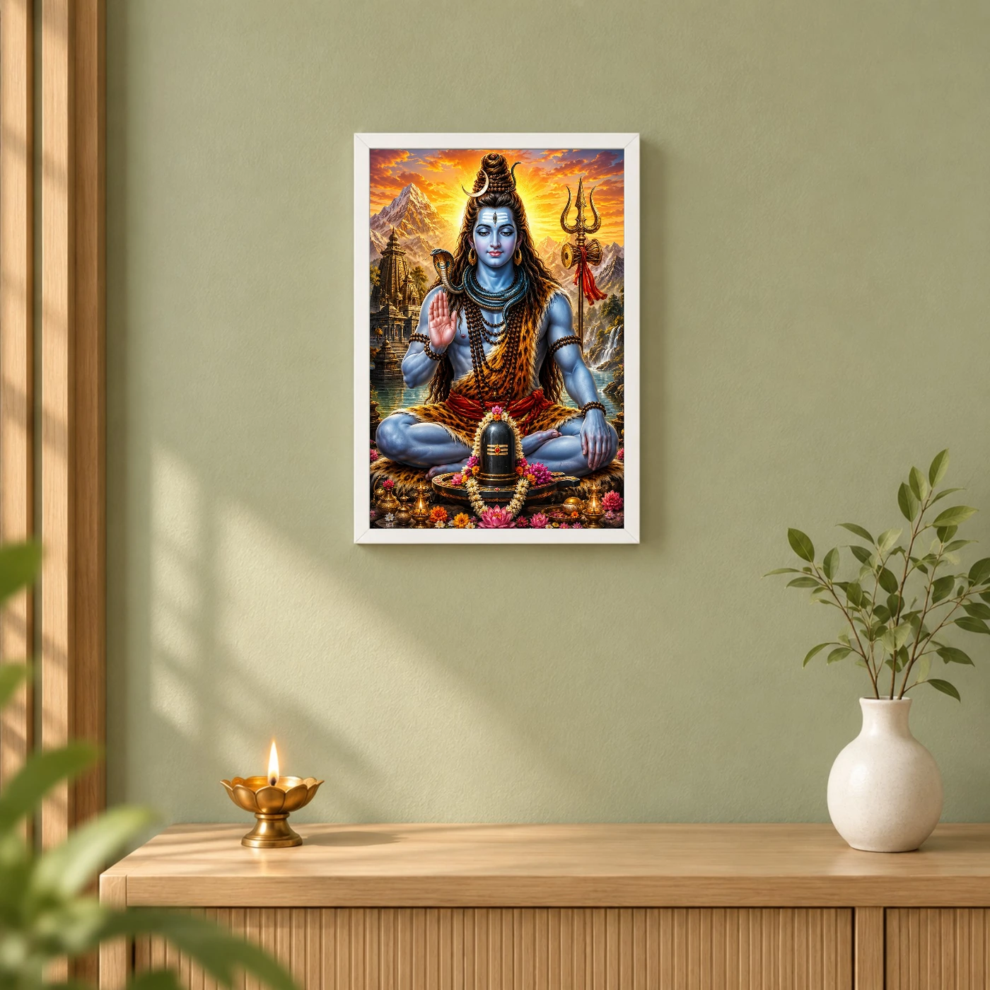 Mahadev Shiva Serene Sunrise Blessing Photo Frame 6 Mahadev Shiva Serene Sunrise Blessing Photo Frame — white frame distant wall