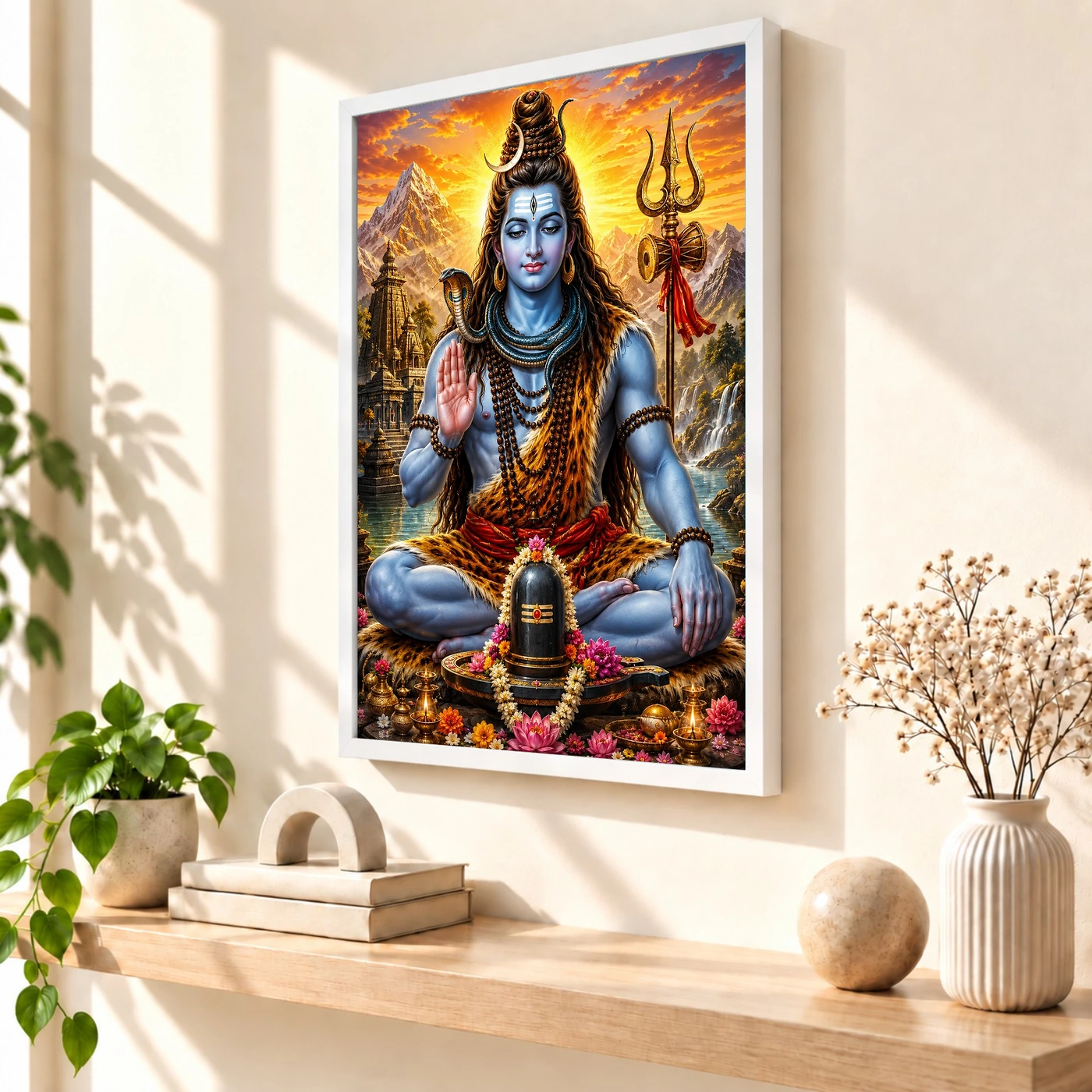 Mahadev Shiva Serene Sunrise Blessing Photo Frame 7 Mahadev Shiva Serene Sunrise Blessing Photo Frame — white frame warm console