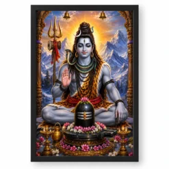 Mahadev Shiva Peaceful Home Mandir Composition Photo Frame — black frame clean