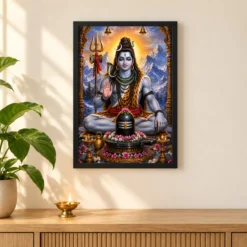 Mahadev Shiva Peaceful Home Mandir Composition Photo Frame — black frame pooja shelf