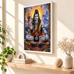 Mahadev Shiva Peaceful Home Mandir Composition Photo Frame — white frame warm console