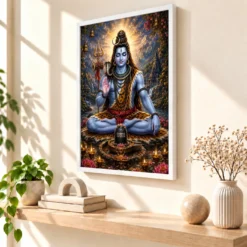 Mahadev Shiva Vivid Premium Spiritual Poster Art Photo Frame 15 Mahadev Shiva Vivid Premium Spiritual Poster Art Photo Frame — white frame warm console