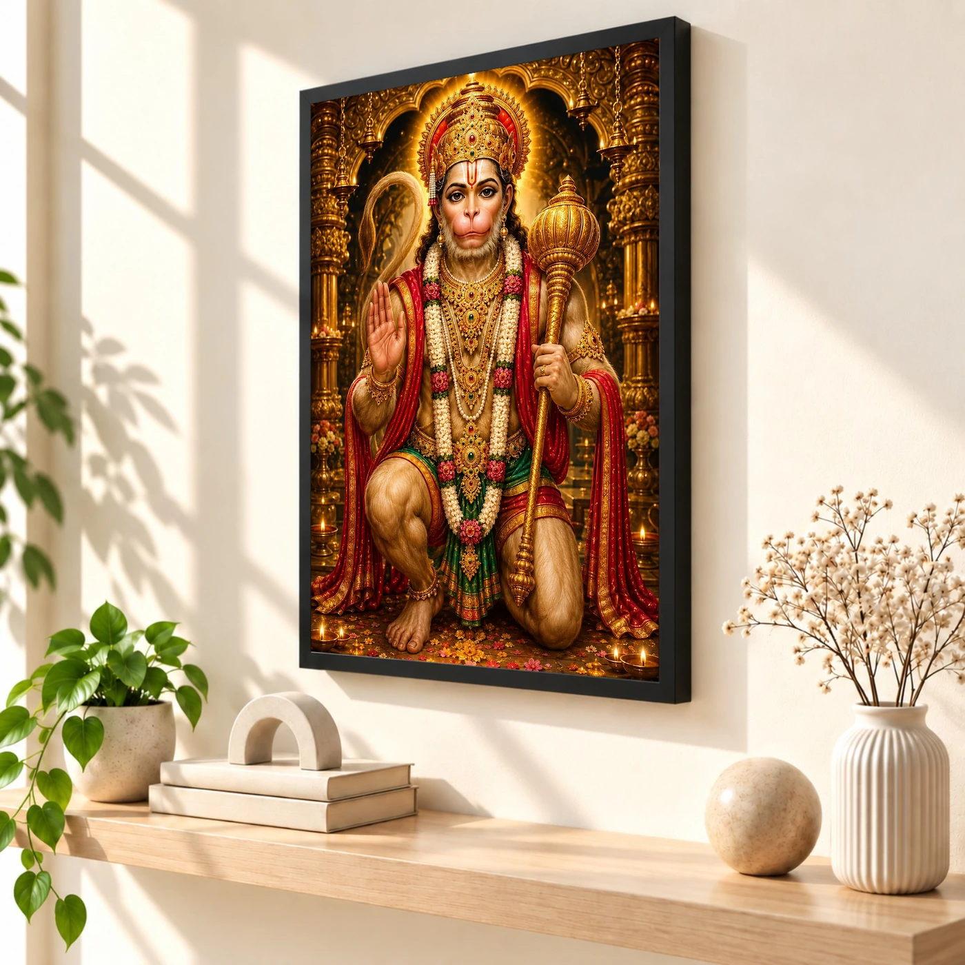 Lord Hanuman Ornate Golden Temple Darshan Photo Frame 2 Lord Hanuman Ornate Golden Temple Darshan Photo Frame — black frame console
