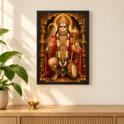 Lord Hanuman Ornate Golden Temple Darshan Photo Frame 11 Lord Hanuman Ornate Golden Temple Darshan Photo Frame — black frame pooja shelf