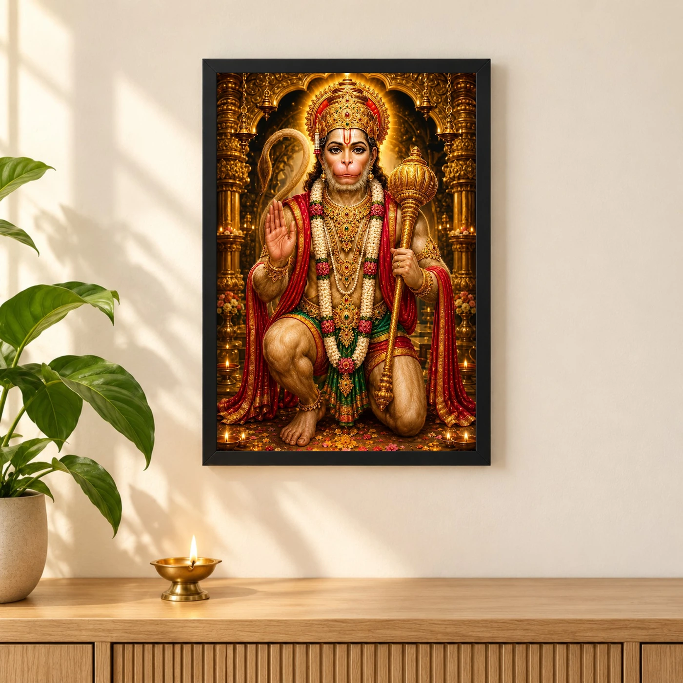Lord Hanuman Ornate Golden Temple Darshan Photo Frame 3 Lord Hanuman Ornate Golden Temple Darshan Photo Frame — black frame pooja shelf
