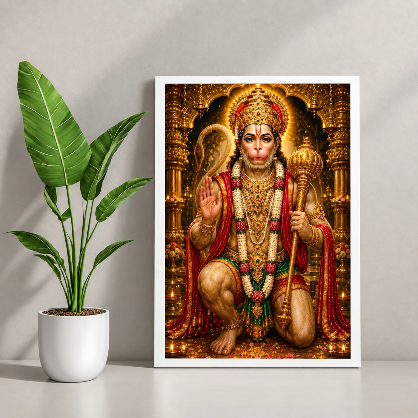 Lord Hanuman Ornate Golden Temple Darshan Photo Frame 4 Lord Hanuman Ornate Golden Temple Darshan Photo Frame — white frame console