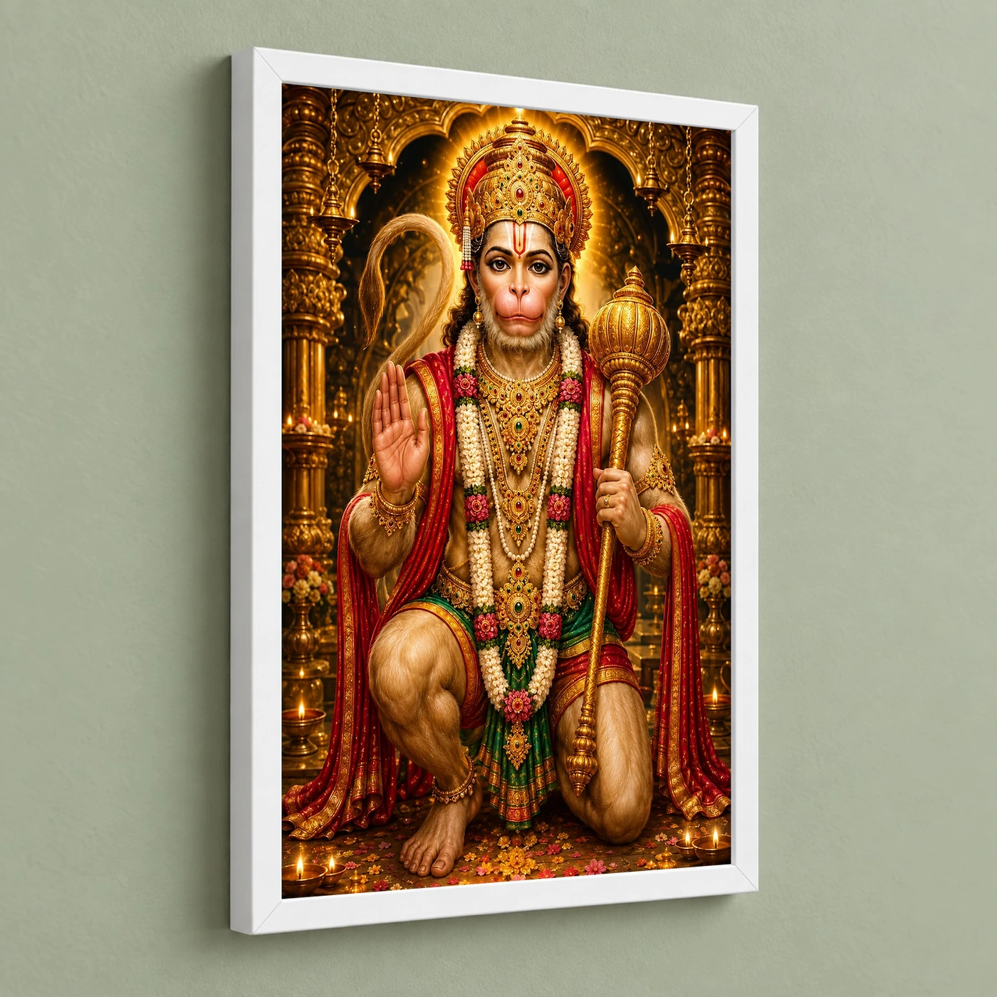 Lord Hanuman Ornate Golden Temple Darshan Photo Frame 5 Lord Hanuman Ornate Golden Temple Darshan Photo Frame — white frame angled wall