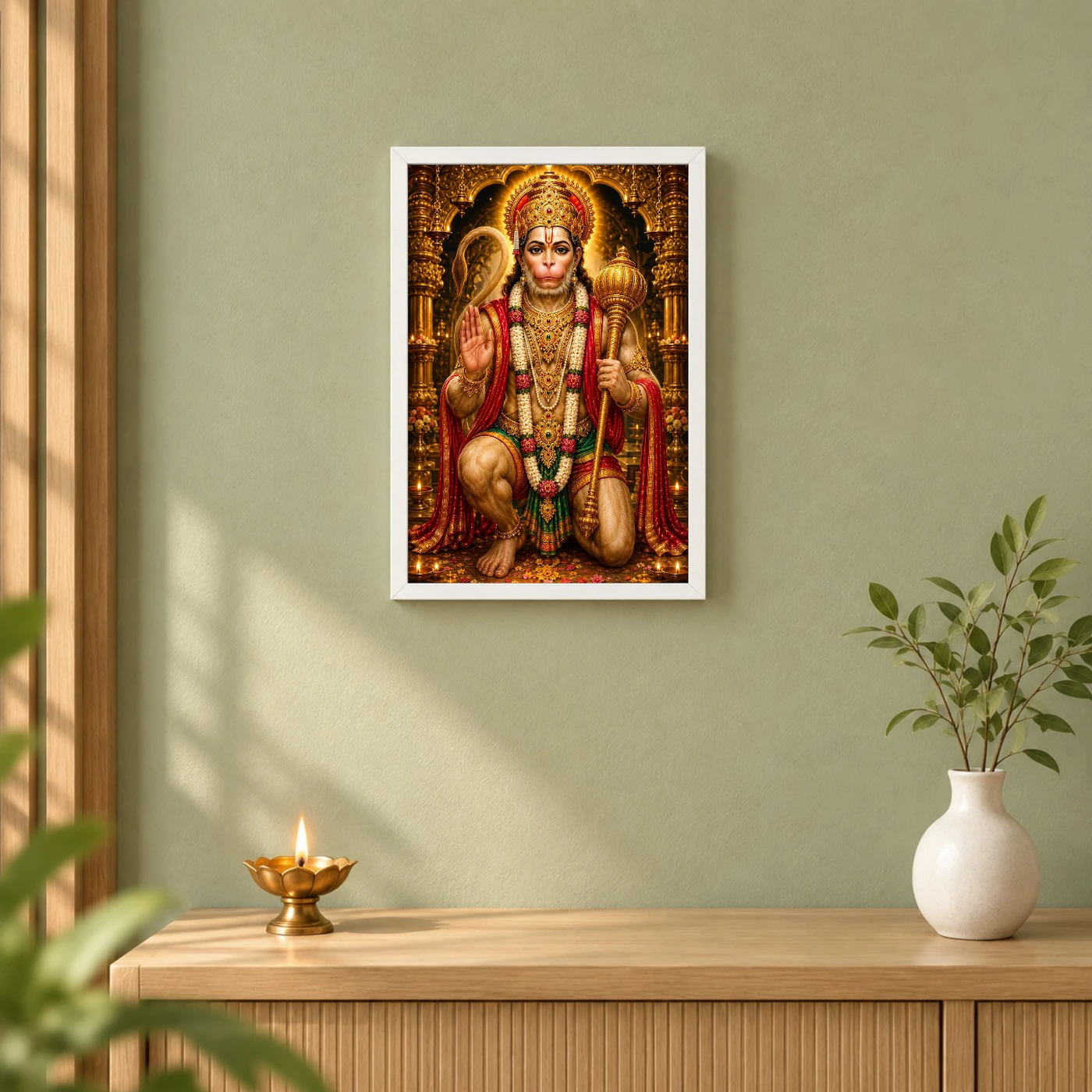 Lord Hanuman Ornate Golden Temple Darshan Photo Frame 6 Lord Hanuman Ornate Golden Temple Darshan Photo Frame — white frame distant wall