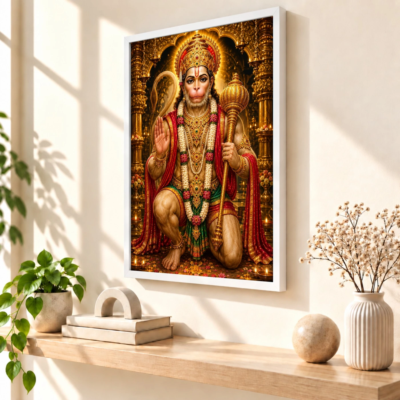Lord Hanuman Ornate Golden Temple Darshan Photo Frame 7 Lord Hanuman Ornate Golden Temple Darshan Photo Frame — white frame warm console