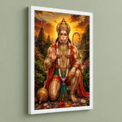 Lord Hanuman Serene Sunrise Blessing Photo Frame — white frame angled wall
