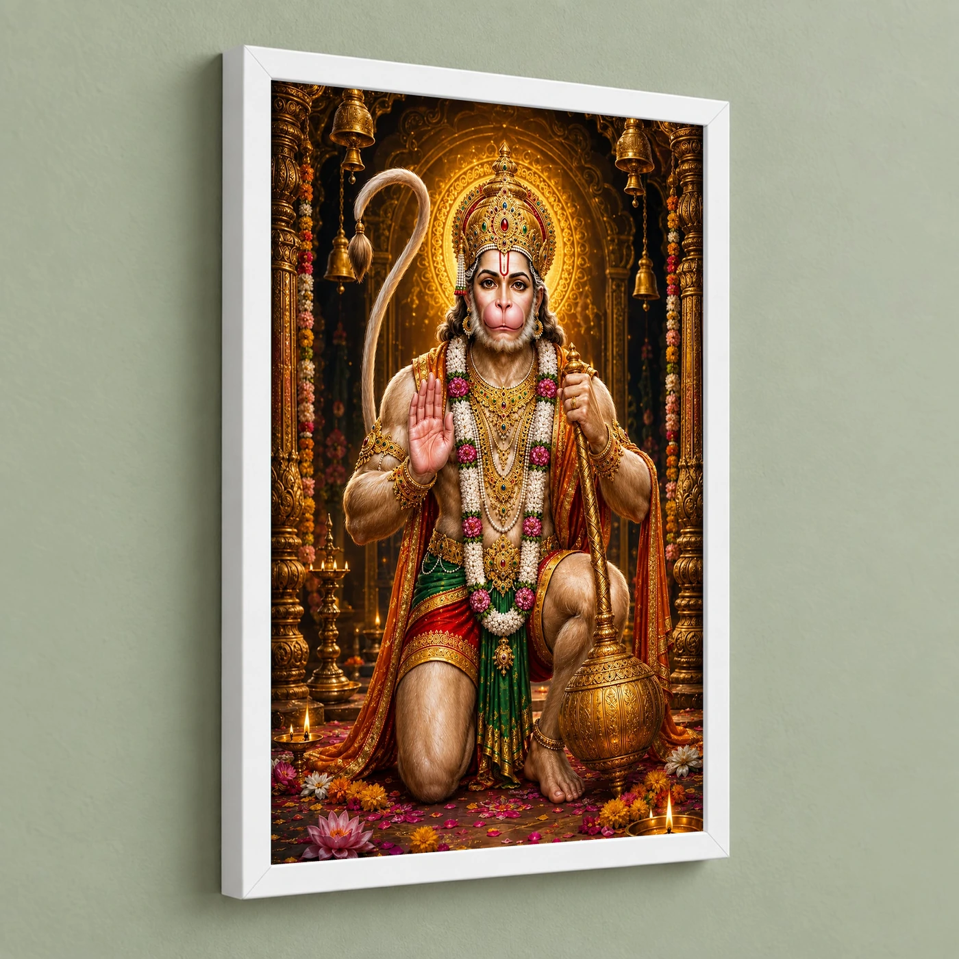 Lord Hanuman Royal Jewel-Toned Portrait Photo Frame 5 Lord Hanuman Royal Jewel-Toned Portrait Photo Frame — white frame angled wall