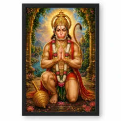 Lord Hanuman Traditional Indian Miniature-Inspired Devotional Art Photo Frame — black frame clean