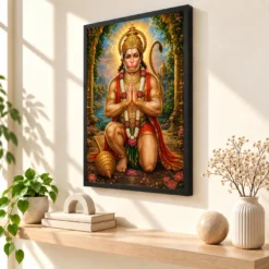 Lord Hanuman Traditional Indian Miniature-Inspired Devotional Art Photo Frame — black frame console