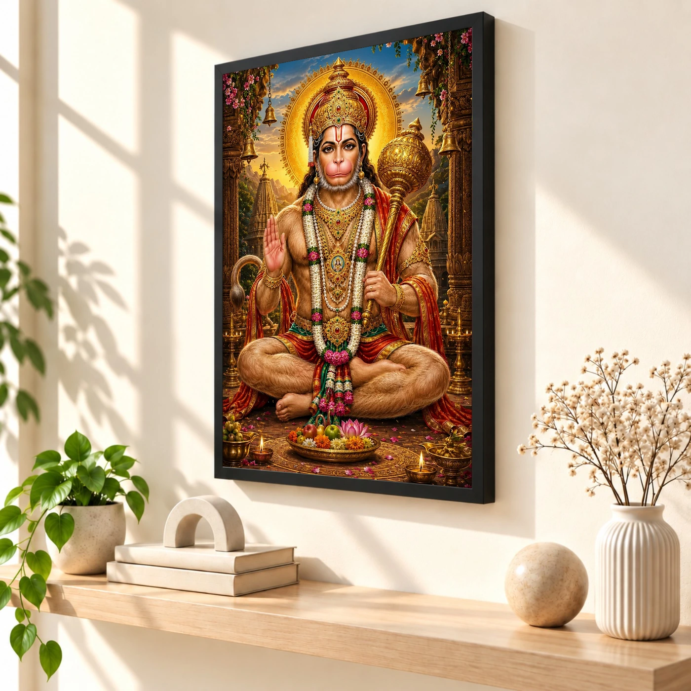 Lord Hanuman Peaceful Home Mandir Composition Photo Frame 2 Lord Hanuman Peaceful Home Mandir Composition Photo Frame — black frame console