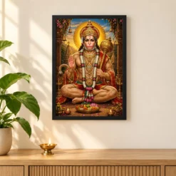 Lord Hanuman Peaceful Home Mandir Composition Photo Frame 11 Lord Hanuman Peaceful Home Mandir Composition Photo Frame — black frame pooja shelf