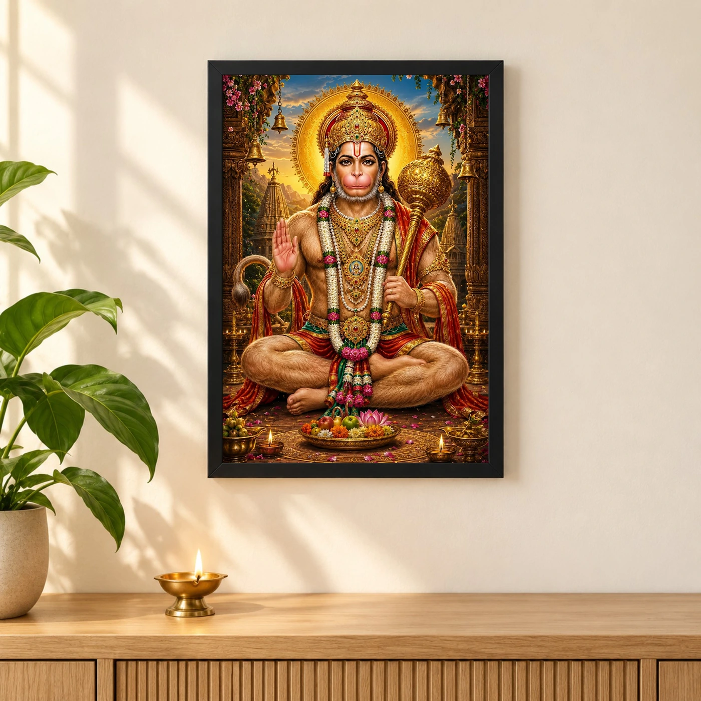 Lord Hanuman Peaceful Home Mandir Composition Photo Frame 3 Lord Hanuman Peaceful Home Mandir Composition Photo Frame — black frame pooja shelf