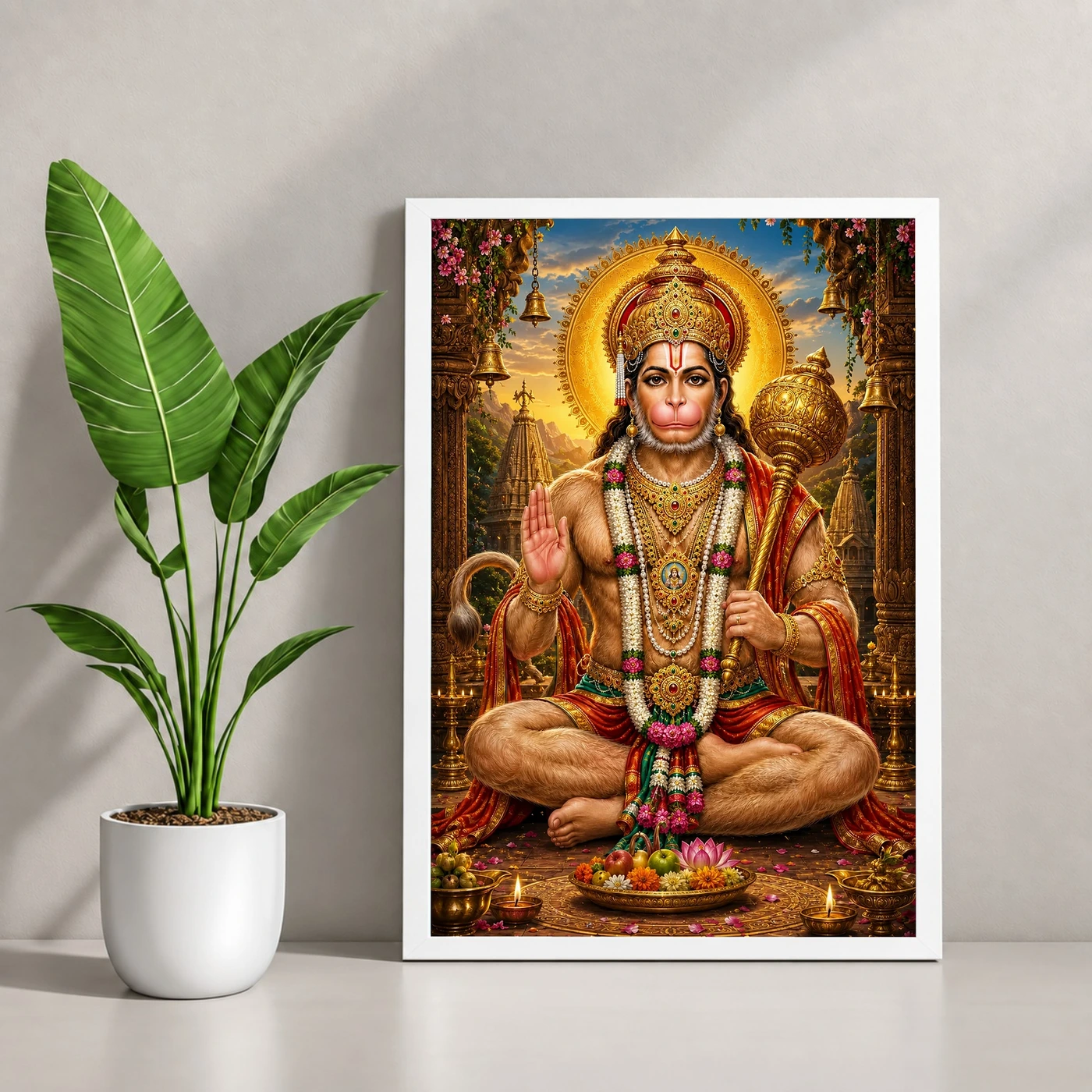 Lord Hanuman Peaceful Home Mandir Composition Photo Frame 4 Lord Hanuman Peaceful Home Mandir Composition Photo Frame — white frame console