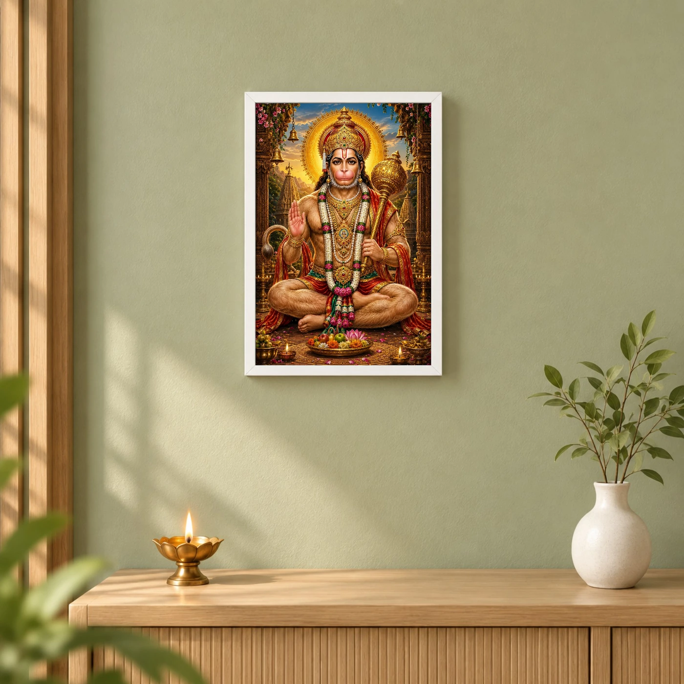 Lord Hanuman Peaceful Home Mandir Composition Photo Frame 6 Lord Hanuman Peaceful Home Mandir Composition Photo Frame — white frame distant wall