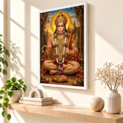 Lord Hanuman Peaceful Home Mandir Composition Photo Frame 15 Lord Hanuman Peaceful Home Mandir Composition Photo Frame — white frame warm console