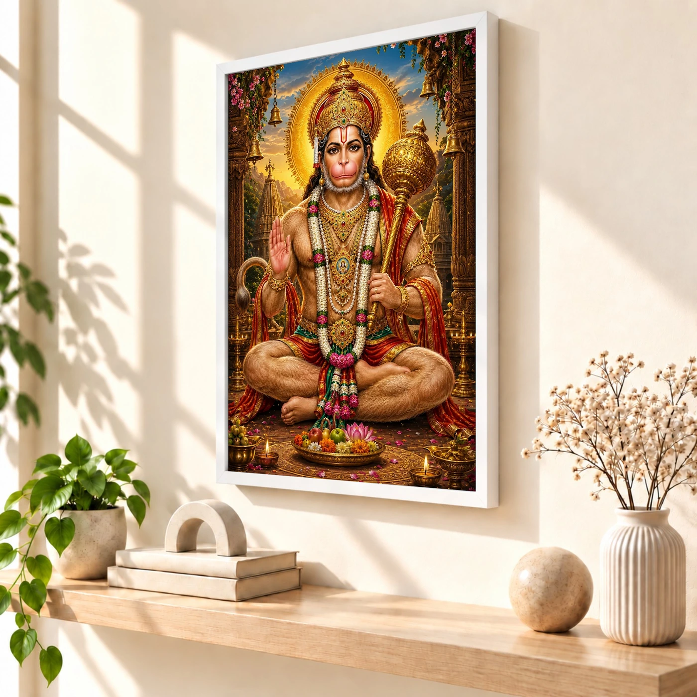 Lord Hanuman Peaceful Home Mandir Composition Photo Frame 7 Lord Hanuman Peaceful Home Mandir Composition Photo Frame — white frame warm console