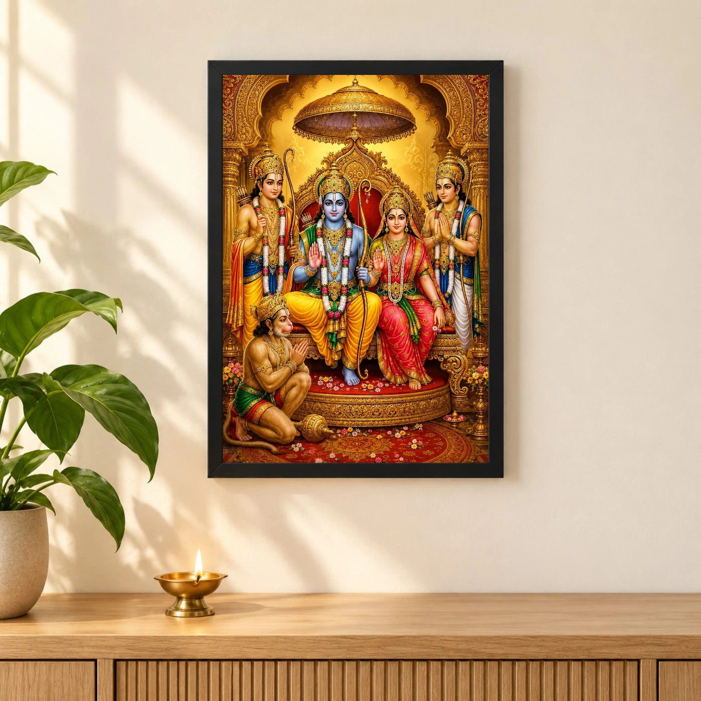 Ram Darbar Ornate Golden Temple Darshan Photo Frame 3 Ram Darbar Ornate Golden Temple Darshan Photo Frame — black frame pooja shelf