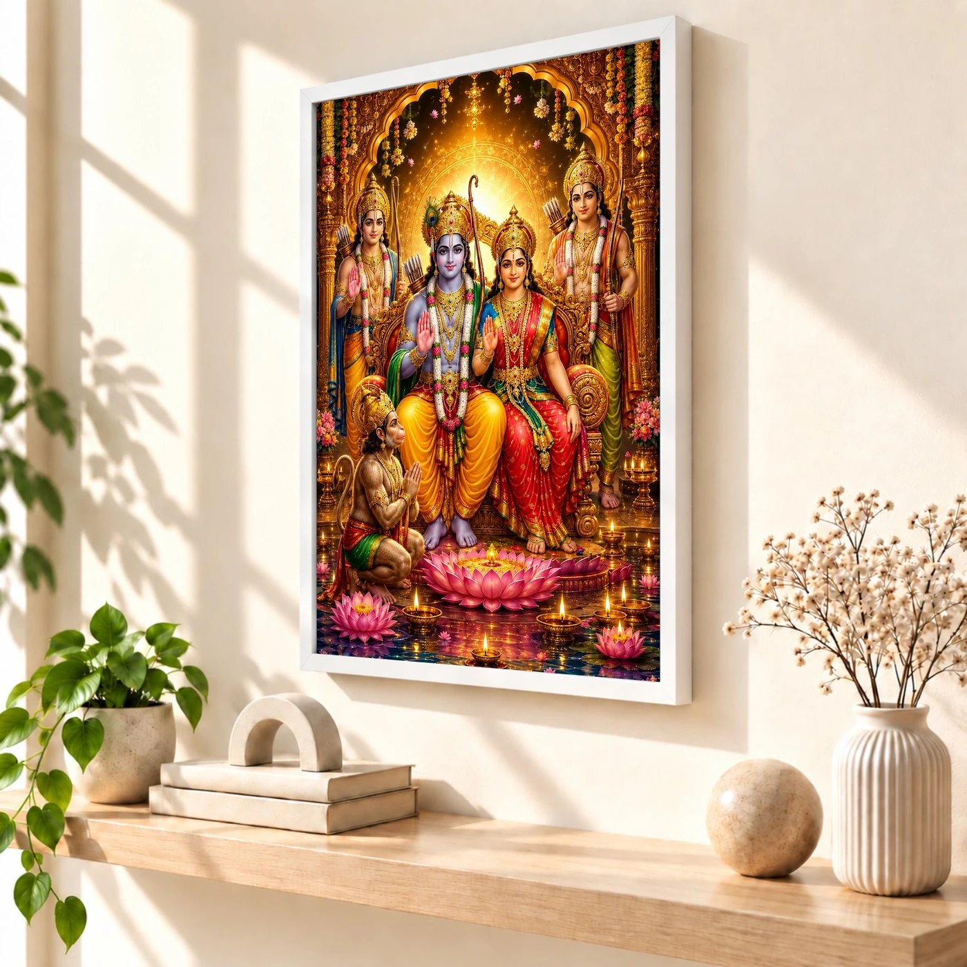 Ram Darbar Lotus And Diya Radiance Photo Frame 7 Ram Darbar Lotus And Diya Radiance Photo Frame — white frame warm console